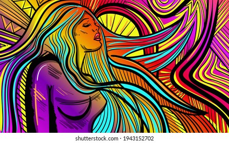 Colourful psychedelic line art with the abstract woman. Doodles and lines abstract hand-drawn vector art.