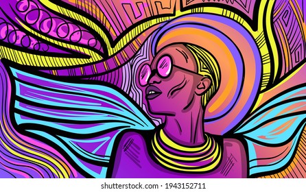 Colourful psychedelic line art with the abstract woman. Doodles and lines abstract hand-drawn vector art.