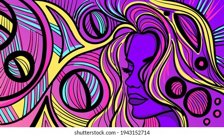 Colorido arte psicodélico con la mujer abstracta. Dibujos y líneas abstractos de arte vectorial a mano.