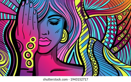 Colorido arte psicodélico con la mujer abstracta. Dibujos y líneas abstractos de arte vectorial a mano.