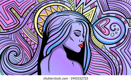 Colourful psychedelic line art with the abstract woman. Doodles and lines abstract hand-drawn vector art.