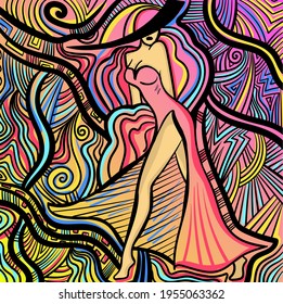 Colourful psychedelic line art with the abstract woman. Doodles and lines abstract hand-drawn vector art illustration.