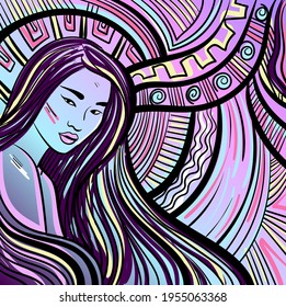 Colorido arte psicodélico con la mujer abstracta. Dibujo artístico vectorial dibujado a mano por garras y garras.