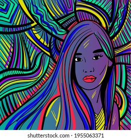 Colourful psychedelic line art with the abstract woman. Doodles and lines abstract hand-drawn vector art illustration.