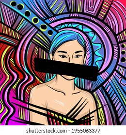 Colourful psychedelic line art with the abstract woman. Doodles and lines abstract hand-drawn vector art illustration.