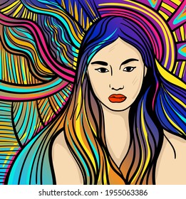Farbige psychedelische Linienkunst mit der abstrakten Frau. Doodles und Linien abstrakte handgezeichnete Vektorgrafik.