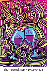 Colourful psychedelic line art with the abstract wine glasses. Doodles and lines abstract hand-drawn vector art.