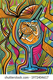 Colourful psychedelic line art with the abstract cocktail. Doodles and lines abstract hand-drawn vector art.