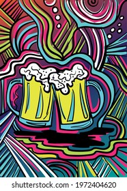 Colourful psychedelic line art with the abstract beer. Doodles and lines abstract hand-drawn vector art.