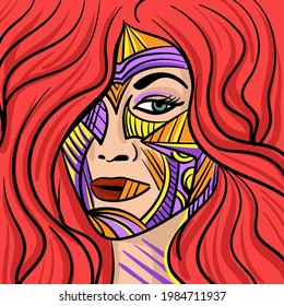Colourful psychedelic line art with the abstract face painting. Doodles and lines abstract hand-drawn vector art.