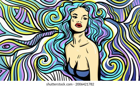 Colourful psychedelic line art with the abstract woman. Doodles and lines abstract hand-drawn vector art.