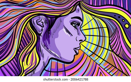 Colourful psychedelic line art with the abstract woman. Doodles and lines abstract hand-drawn vector art.