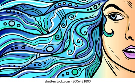 Colorido arte psicodélico con la mujer abstracta. Dibujos y líneas abstractos de arte vectorial a mano.