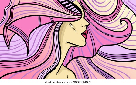 Colourful psychedelic line art with the abstract woman. Doodles and lines abstract hand-drawn vector art.