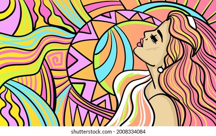 Colourful psychedelic line art with the abstract woman. Doodles and lines abstract hand-drawn vector art.