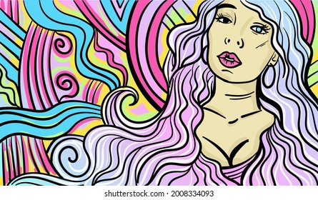 Colorido arte psicodélico con la mujer abstracta. Dibujos y líneas abstractos de arte vectorial a mano.