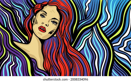 Colourful psychedelic line art with the abstract woman. Doodles and lines abstract hand-drawn vector art.