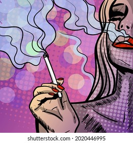 Colorido arte psicodélico con la mujer fumadora abstracta. Ilustración de sigarette. Dibujos y líneas abstractos de arte vectorial a mano.
