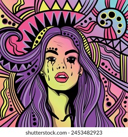Bunte psychedelische Linienkunst mit der abstrakten Frau. Kritzeleien und Linien abstrakte handgezeichnete Vektorgrafik.
