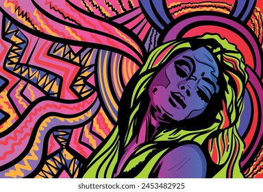 Colourful psychedelic line art with the abstract woman. Doodles and lines abstract hand-drawn vector art.