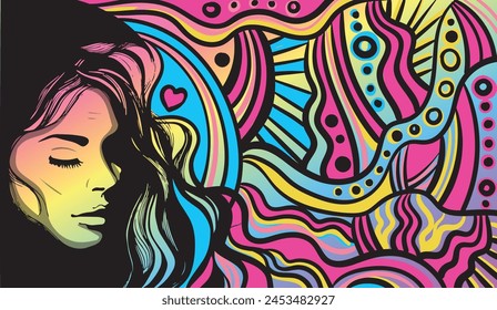 Colorido arte de línea psicodélica con la mujer abstracta. Garabatos y líneas de Arte vectorial dibujado a mano abstracto.