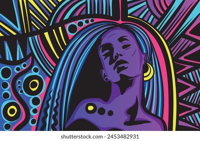 Colourful psychedelic line art with the abstract woman. Doodles and lines abstract hand-drawn vector art.