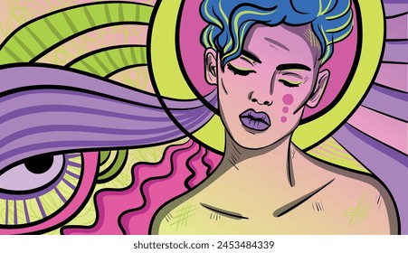 Colourful psychedelic line art with the abstract person. Doodles and lines abstract hand-drawn vector art.