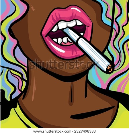 Colourful psychedelic line art with the abstract smoking woman. Cigarette illustration. Doodles and lines abstract hand-drawn vector art.