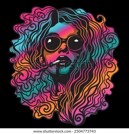 Colourful psychedelic line art with the abstract smoking person. Cigarette illustration. Doodles and lines abstract hand-drawn vector art.