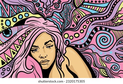 Colourful psychedelic line art with a dreaming woman. Doodles and lines abstract hand-drawn vector art.