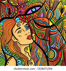 Colourful psychedelic line art with humans. Doodles and lines abstract hand-drawn vector art.