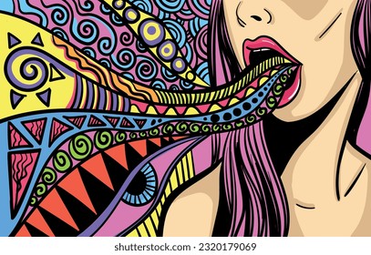Colourful psychedelic line art with a talking woman. Doodles and lines abstract hand-drawn vector art.