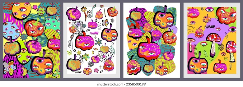 Colourful pumpkins and flowers with eyes, set of vecrot posters in psychedelic doodle style