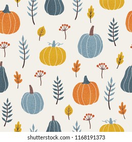 Colourful Pumpkins, Leafs And Branches. Seasonal Autumn Seamless Pattern. Vector Illustration