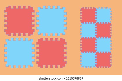 Colourful puzzle pieces in vector format. Puzzles consist of 4 pieces colourful in orange background. Each puzzle pieces has blue list.