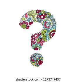 Colourful question mark shape or help symbol, vector illustration with flowers, swirls and abstract doodles.