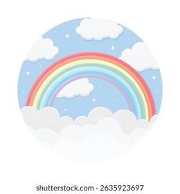 Colourful rainbow above the clouds. Cute cartoon vector illustration. Fantasy landscape.