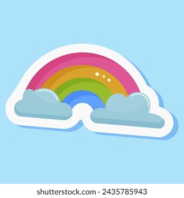 Colourful rainbow with cloud sticker in summer sky, natural element, cute cartoon design, bright spectrum. Creative idea for children entertainment. Isolated on blue background. Vector illustration