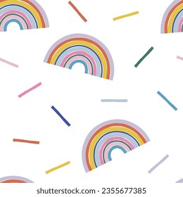 Colourful Rainbow confetti geometrical vector seamless pattern. Happy Birthday party background. Abstract backdrop, wrapping paper textile design