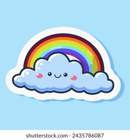 Colourful rainbow with smiling cloud sticker in summer sky, natural element, cute cartoon design, bright spectrum. Creative idea, child entertainment. Isolated on blue background. Vector illustration