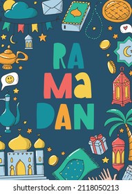 Colourful Ramadan greeting card, poster, print, invitation, sign, template decorated with doodles and typography quote on dark blue background. Eps 10