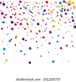 Colourful random explosion of confetti. Isolated on white background. Colored glitter and sprinkles. Grainy abstract holiday illustration. Multi colored texture. Vector.