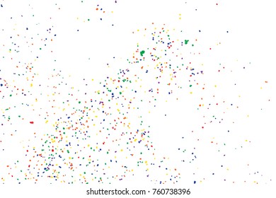 Colourful random explosion of confetti. Isolated on white background. Colored glitter and sprinkles. Grainy abstract holiday illustration. Multi colored texture. Vector.