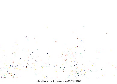 Colourful random explosion of confetti. Isolated on white background. Colored glitter and sprinkles. Grainy abstract holiday illustration. Multi colored texture. Vector.