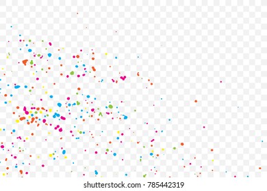 Colourful random explosion of confetti. Isolated on white background. Colored glitter and sprinkles. Grainy abstract holiday illustration. Multi colored texture. Vector.