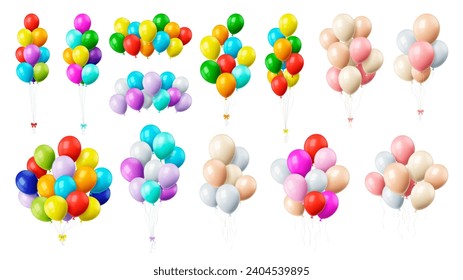 Farbige, realistische Ballons. Ballon mit Band und Bogen, dekorative Partyelemente. Geburtstag, Jubiläum, Graduiertendekor