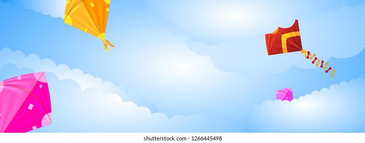 Colourful realistic kites flying on cloudy background with space for your message, header or banner design.