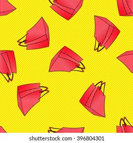 Colourful red pink shopping bags seamless pattern. black friday, seasonal spring summer winter autumn sale. Discount time in mall, retail store. Fashion days. Retro yellow halftone dots background