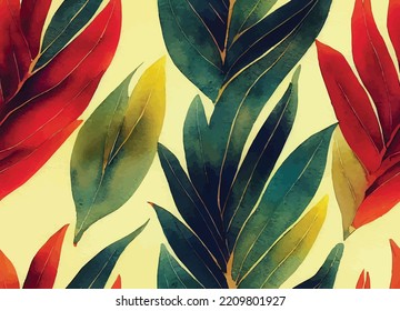 A colourful, repeatable pattern of leaves and plants, watercolour. When repeated, it creates a beautiful vertical pattern of leaves.