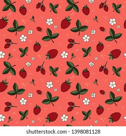 Colourful repeating strawberry pattern. Subtle, cute, minimalist, vector seamless pattern, can be used for fabrics, wallpaper, web, scrapbooking, card.  
